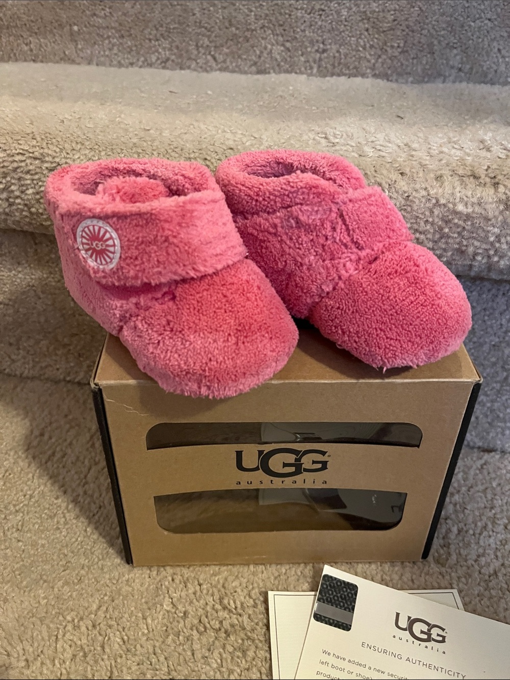 UGG Pink Plush Infant Slippers with Hook-and-Loop Strap